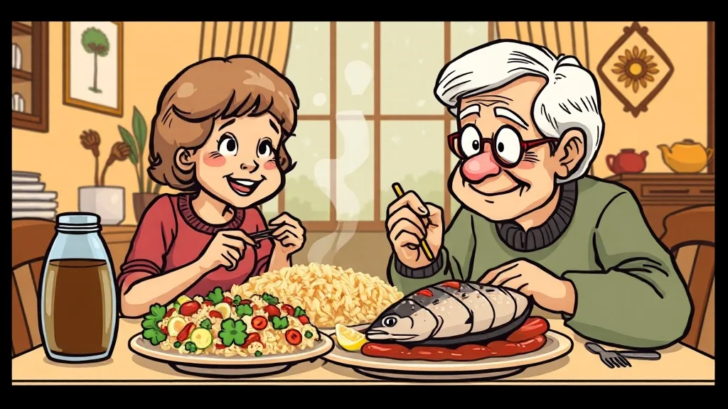 노년내과 A to Z: 건강 관리 핵심, 저속 노화 습관, 주요 질환 예방 8 건강한 노년을 위한 식습관 (cartoon 스타일)