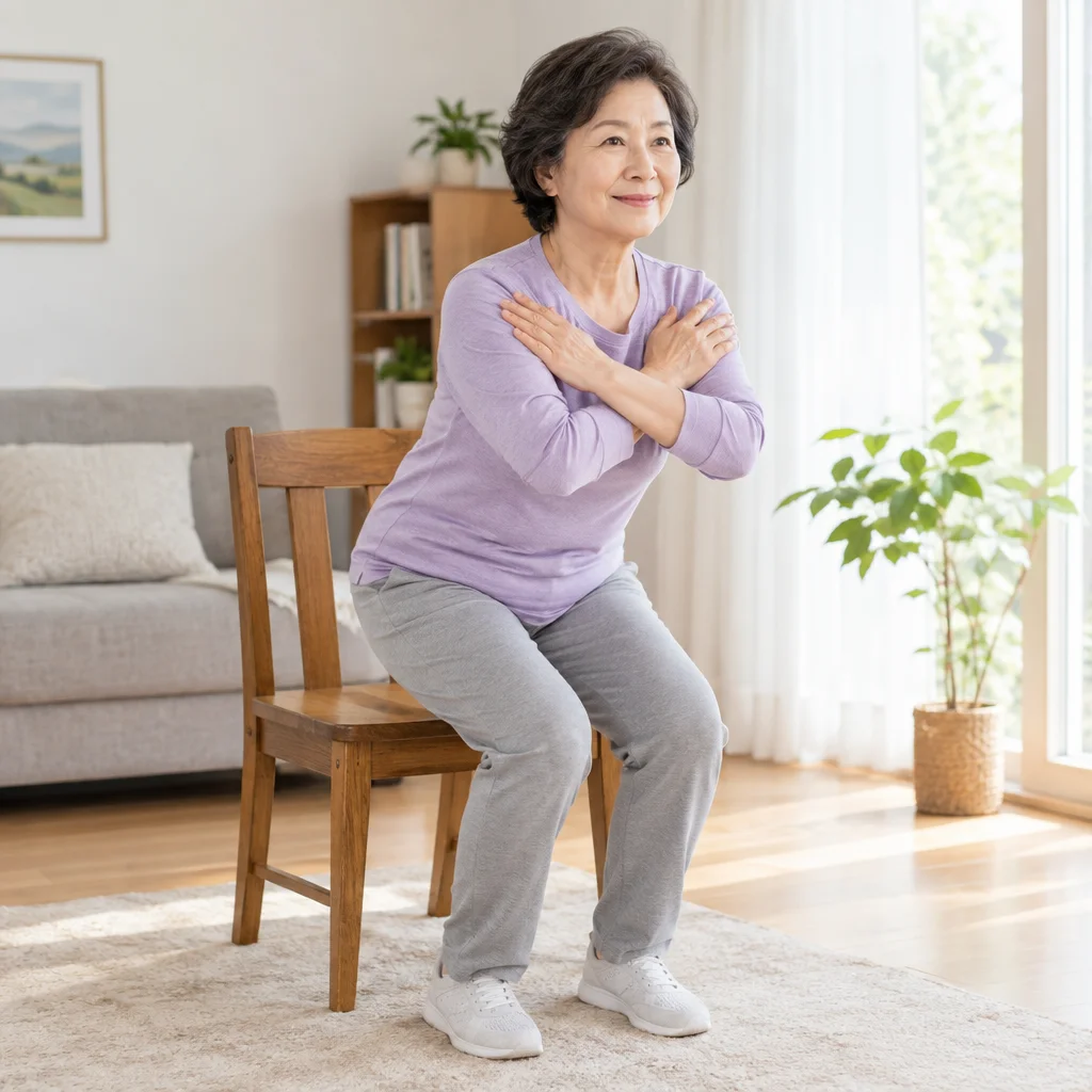 의자 스쿼트로 하체 근력운동 하는 60대 여성