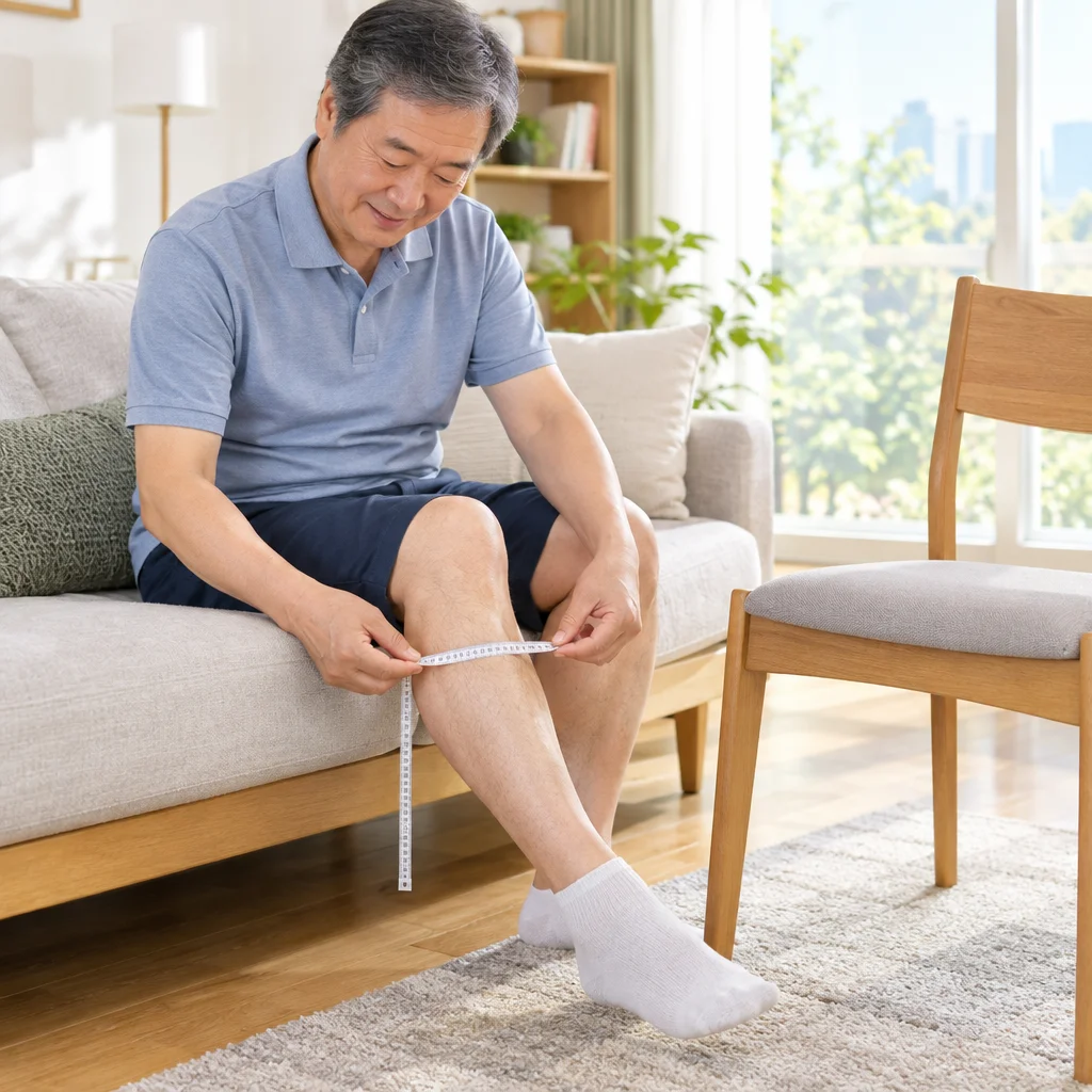 집에서 줄자로 다리 둘레를 재는 60대 남성