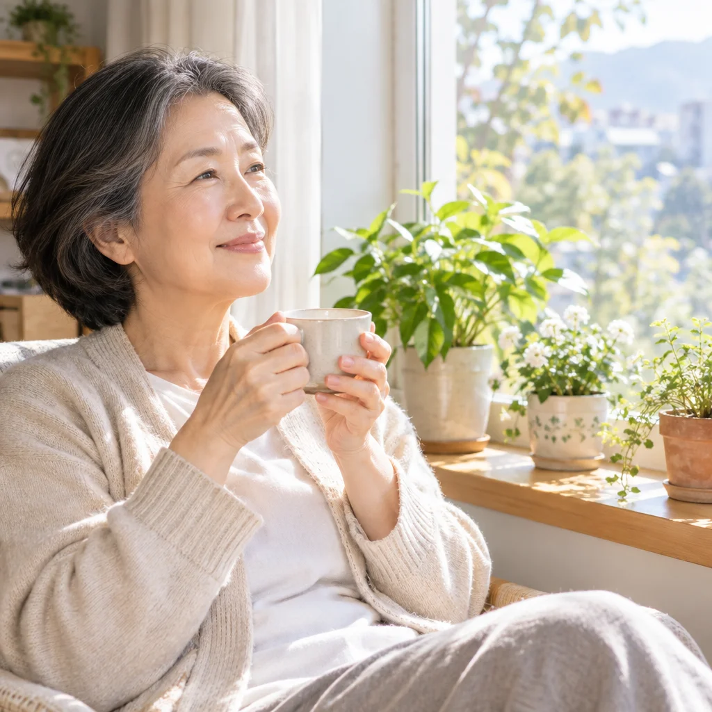 햇살 드는 창가에서 차를 마시는 60대 여성