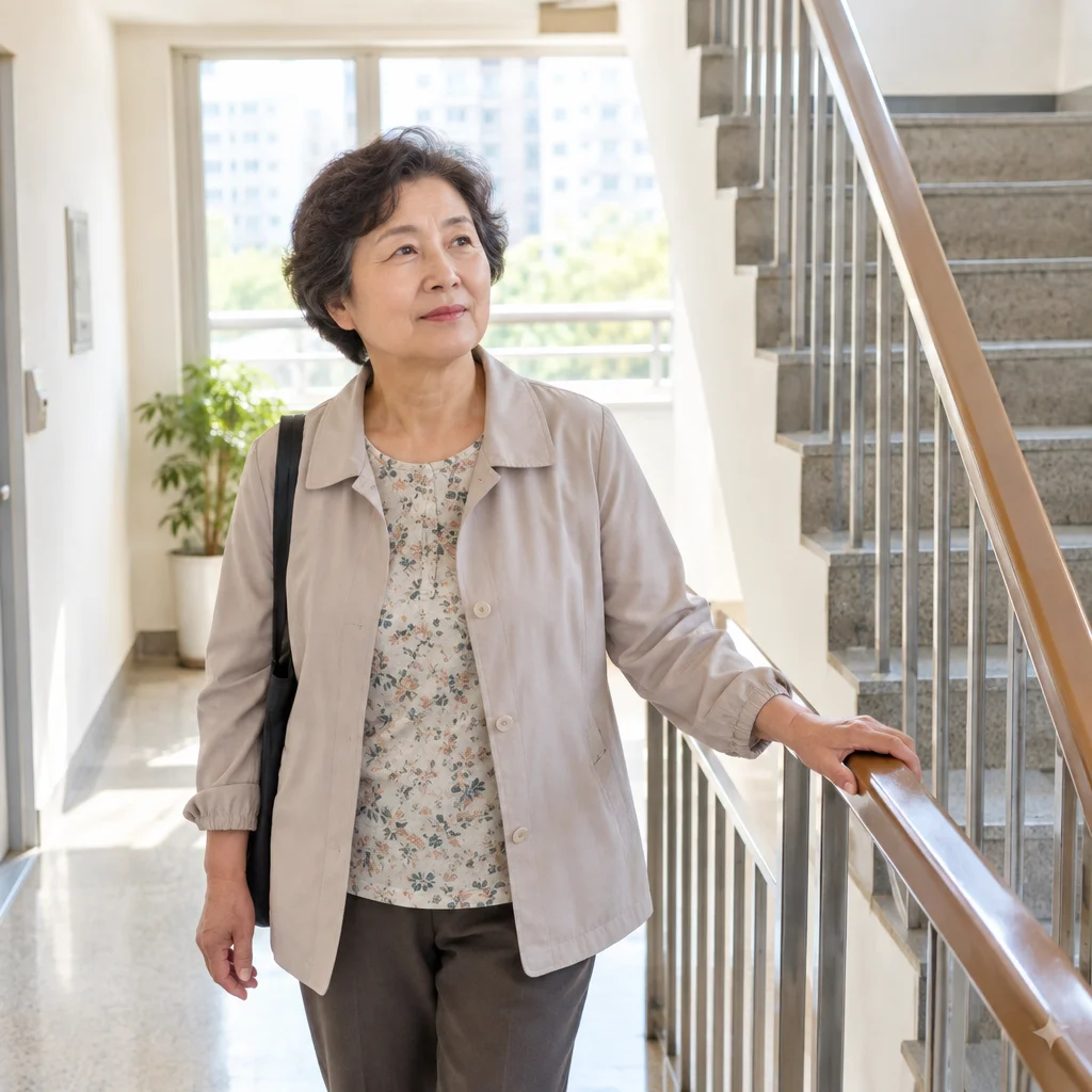 계단 난간을 잡고 잠시 멈춘 60대 여성